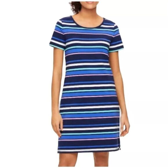 Talbots Womens Stripe Ruched Drawstring Back T-Shirt Dress Blue Pink Size 1X NWT - Picture 1 of 8